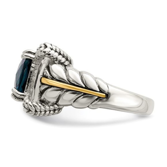 925 Sterling Silver with 14K Accent Antiqued London Blue Topaz and Diamond Ring - Picture 4 of 6